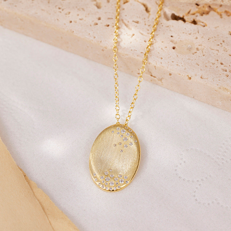 925 Silver Necklace High-grade Oval Brushed Inlaid Light Luxury Minority Design Clavicle Chain