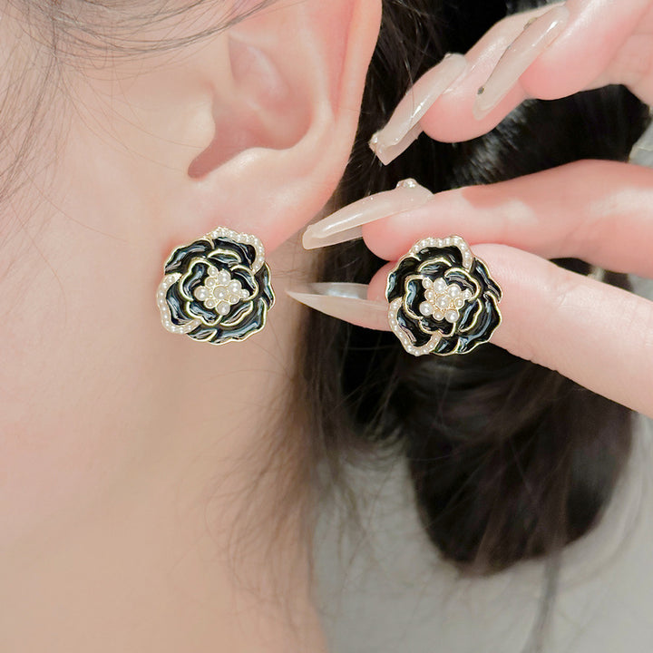 Silver Needle Camellia Earrings Retro Minority