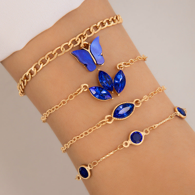 Blue Butterfly Diamond Studded Hollow Four-layer Bracelet
