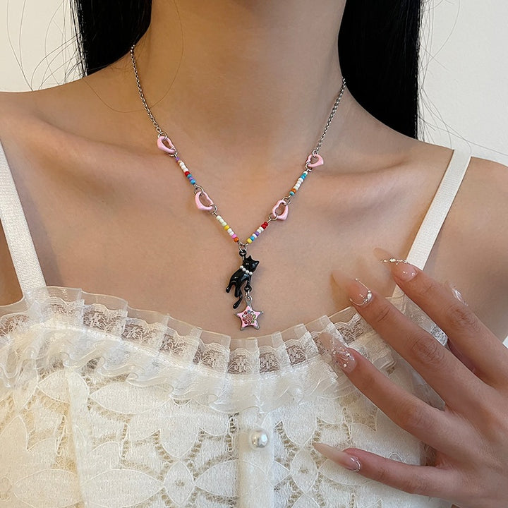 Colorful Beaded Heart-shaped Multi-part Cat Stars Necklace