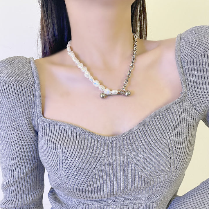 Niche Design Metal Lever Stitching Pearl Necklace