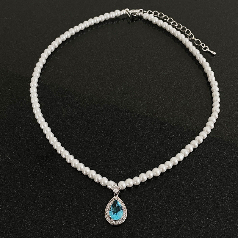 Blue Zircon Water Drops Stitching Pearl Necklace