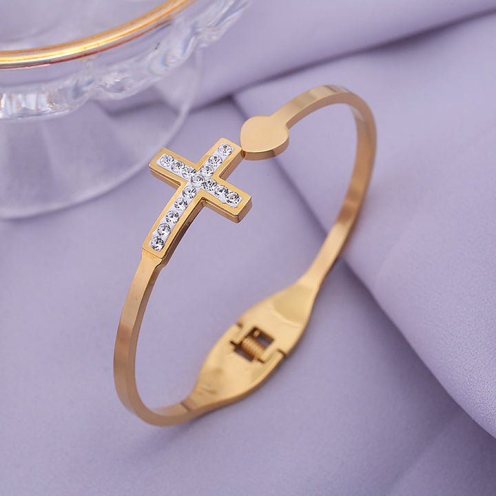 Dames Creative Double Layer Cross Diamond Loving Heart met openingsroestvrijstalen armband