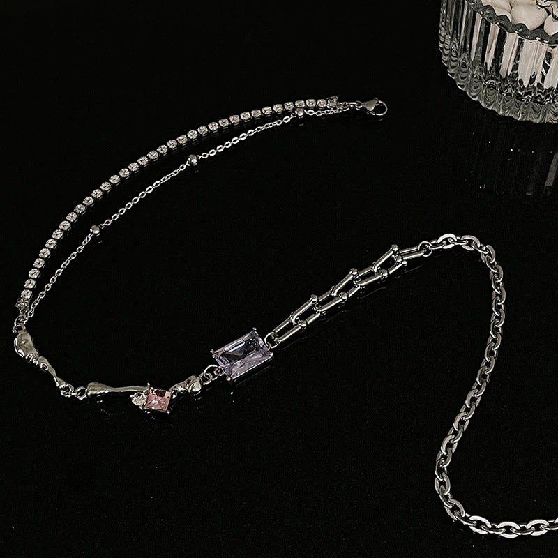 Простая розовая и белая квадратная бриллиантовое ожерелье Light Luxury