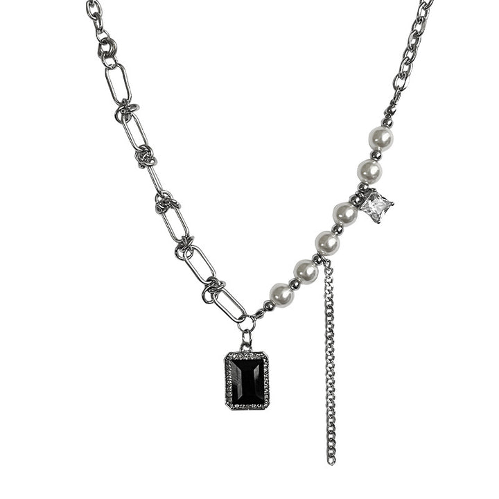 Black Square Diamond Pearl Tassel Necklace