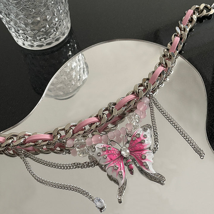 European And American Exaggerated Heavy Industry Pink Butterfly Woven Necklace