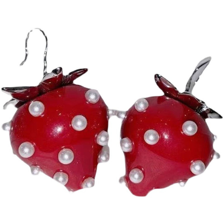 New Exaggerated Face Small Tea Series Red Strawberry Pearl Resin Earrings