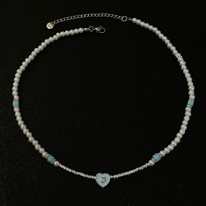 Blue Loving Heart Stitching Small Pieces Of Silver Pearl Necklace
