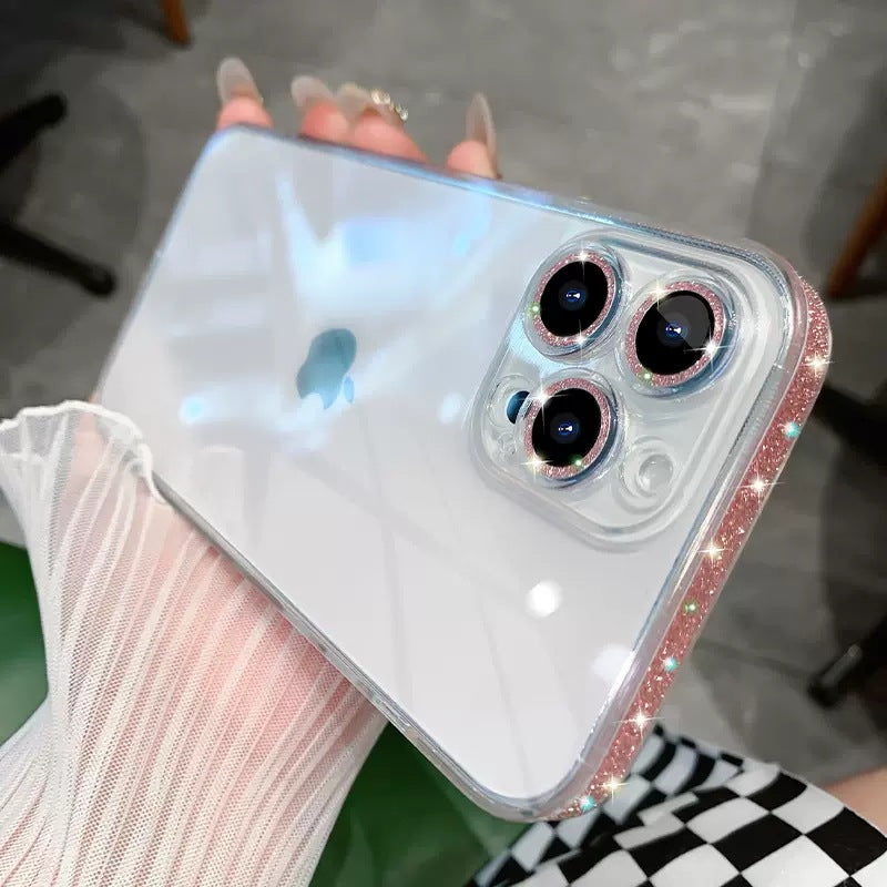 Caixa de telefone com moldura glitter transparente e criativo espelho de vidro cobertura de proteção