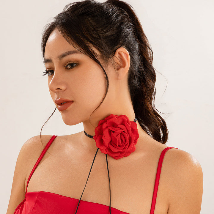 Red Rose Flower Leather Wax Line Necklace Pull