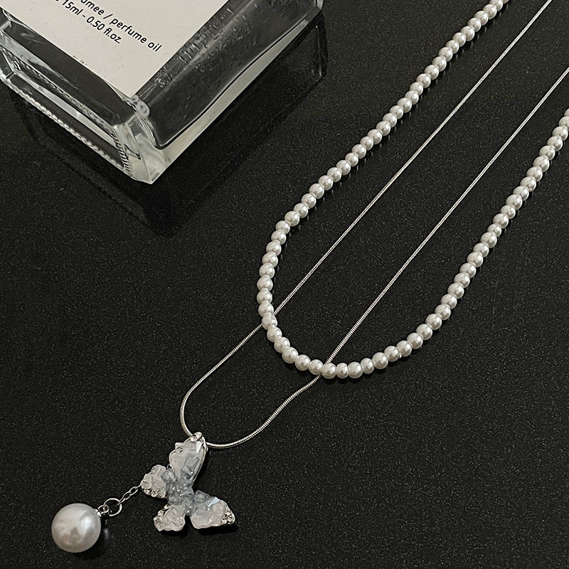 Crystal Butterfly Stitching Pearl Necklace