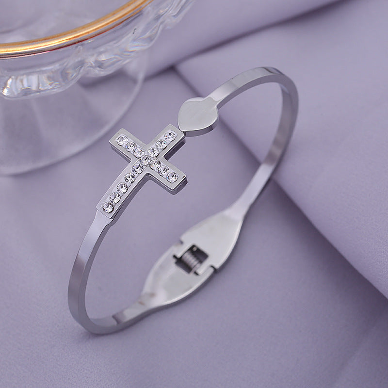 Women's Creative Double Layer Cross Diamond Loving Heart With Opening Stainless Steel Bracelet