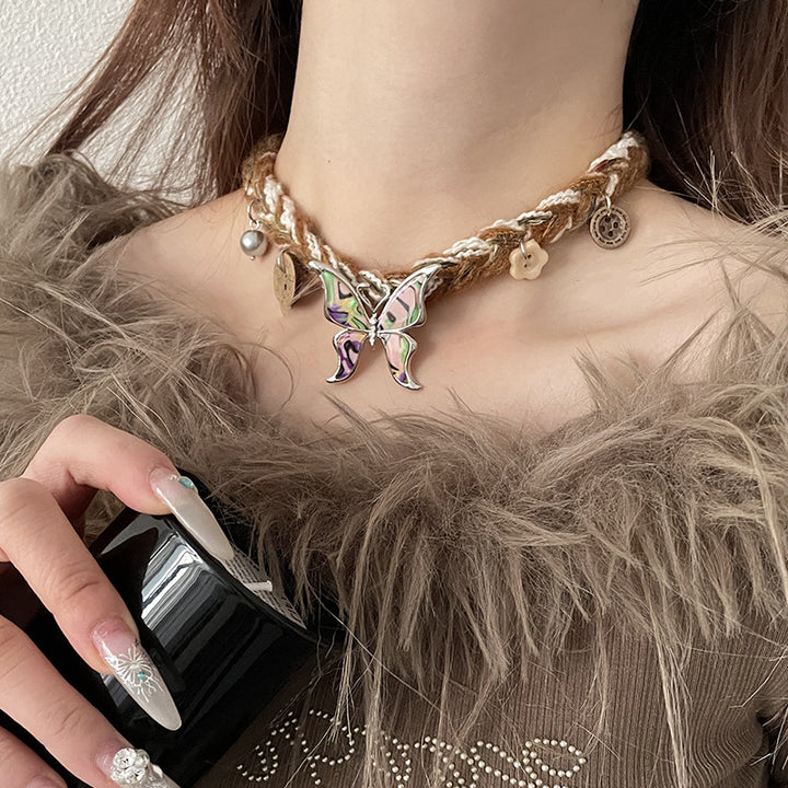 Maillard Wool Choker Butterfly Button Necklace