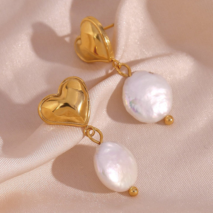 18K Gold Peach Heart Freshwater Pearl Pendant Earrings