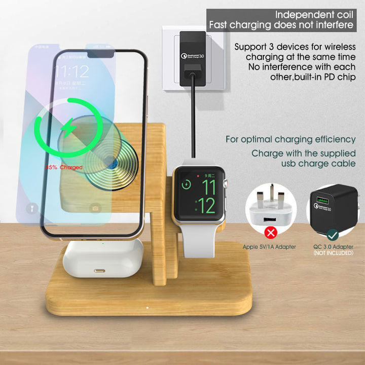Chargeur sans fil en bambou trois en un support de téléphone multifonctionnel
