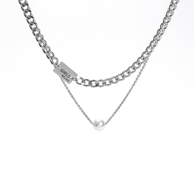 Women's Titanium Steel Letter Square Plate Pearl Necklace Does Not Fade