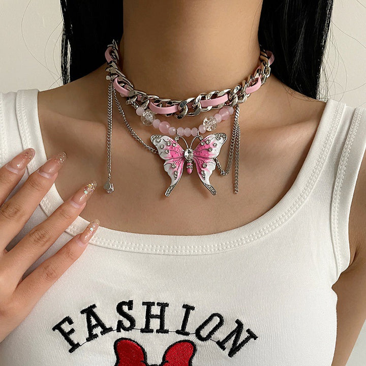 European And American Exaggerated Heavy Industry Pink Butterfly Woven Necklace