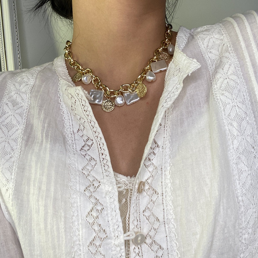 Imitation Perlenmünzen Schlüsselbeinkette Frauen Retro Multi-Cross-Halskette