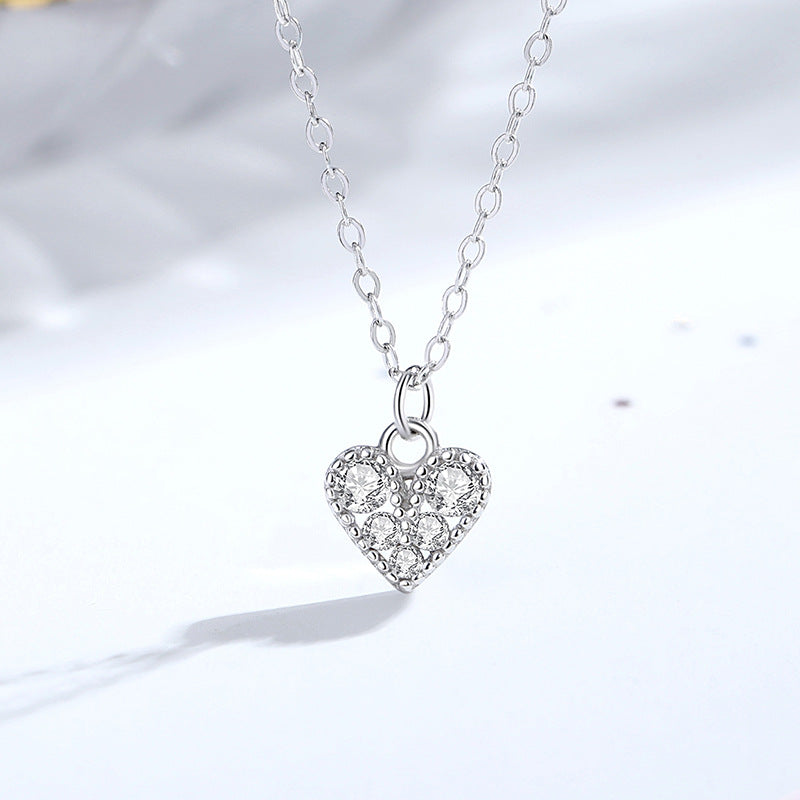 Niche japonais et coréen S925 Collier en diamant complet en forme de cœur en argent sterling