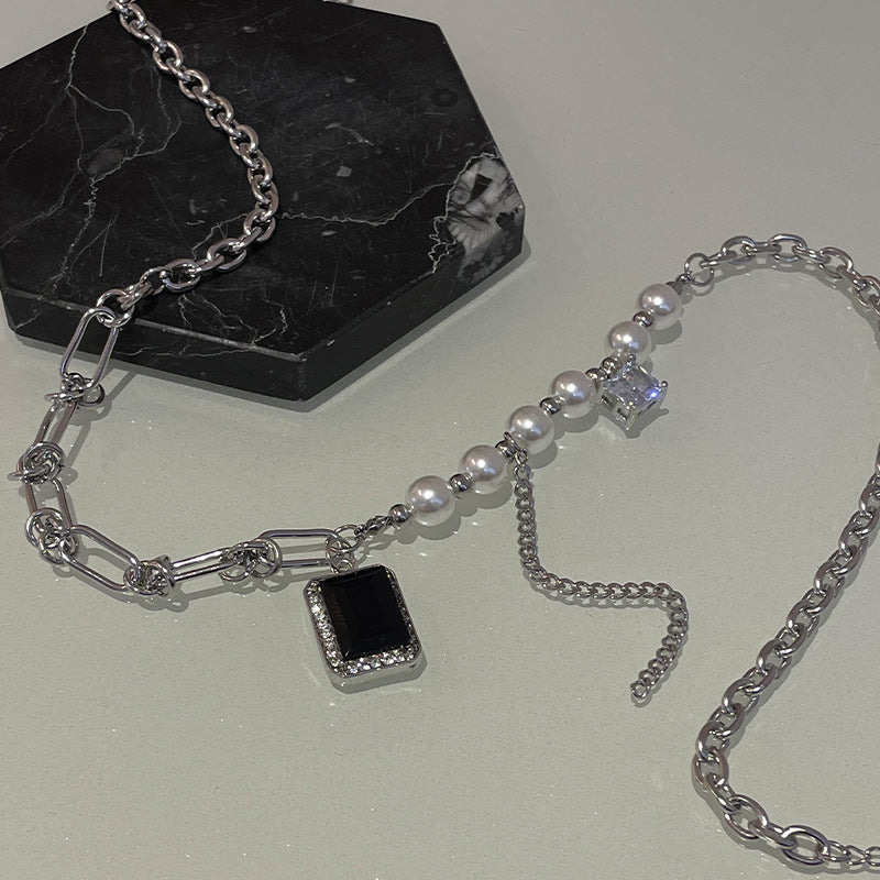 Black Square Diamond Pearl Tassel Necklace