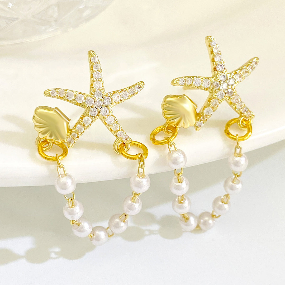 Модна диамантена звездна рибка черупка обеци от перли