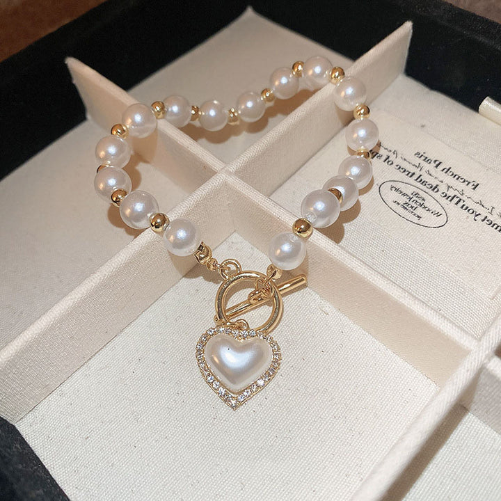 Diamond OT Buckle Pearl Heart Bracelet