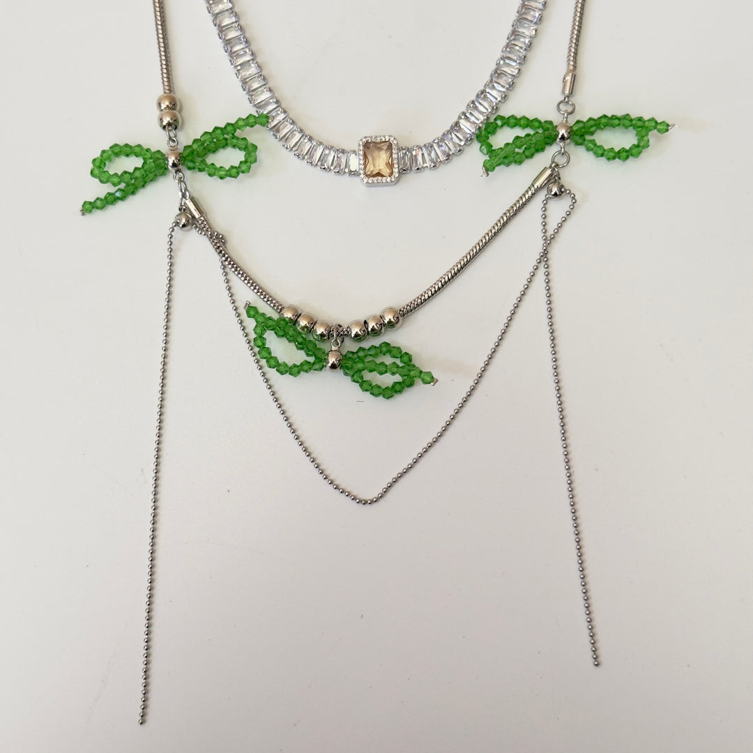 Green Colored Glaze Bow Titanium Steel Necklace Multi-layer Tassel