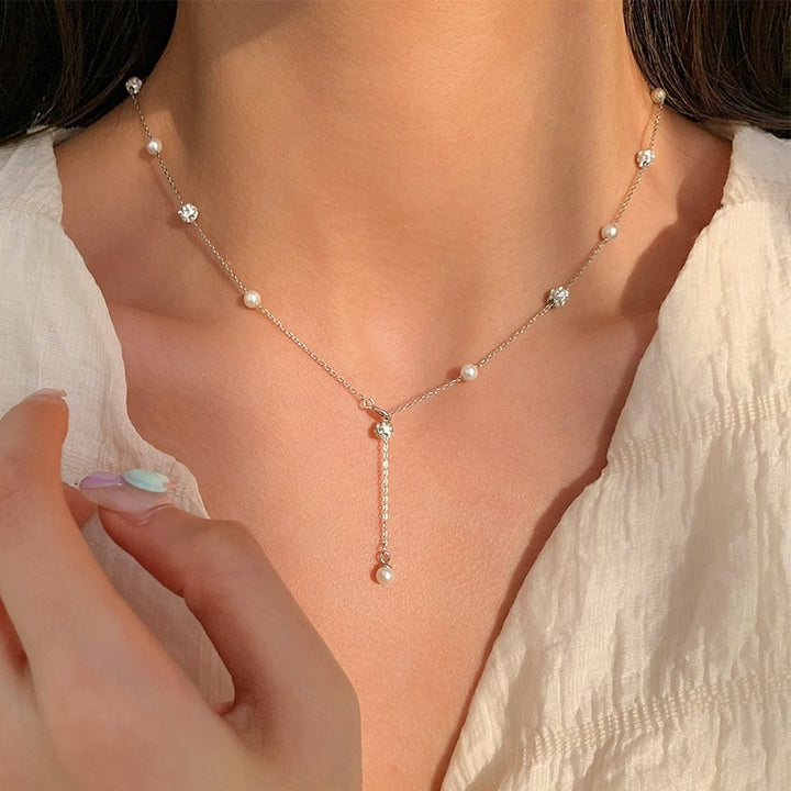 Spacer Pearl Flash -Strasskugel Halskette Frauen Sterling Silber