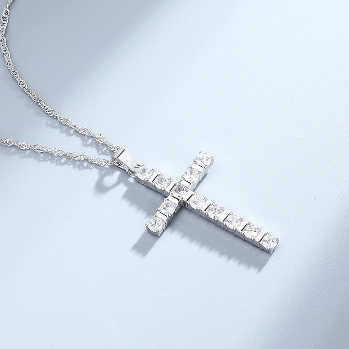 S925 Sterling Silver European And American Hip Hop Style Full Diamond Cross Pendant Hipster Single Row Diamond With Water Wave Chain