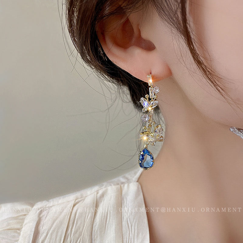 Silver Needle Zircon Butterfly Water Drop Earrings Fashion Tassel Design Earrings