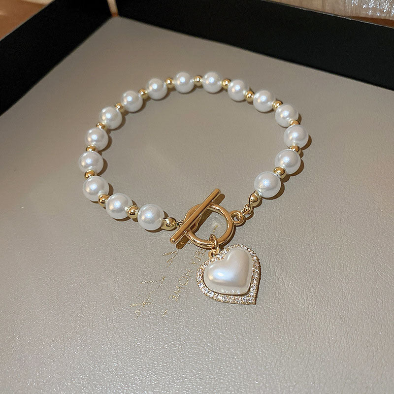 Diamond OT Buckle Pearl Heart Bracelet