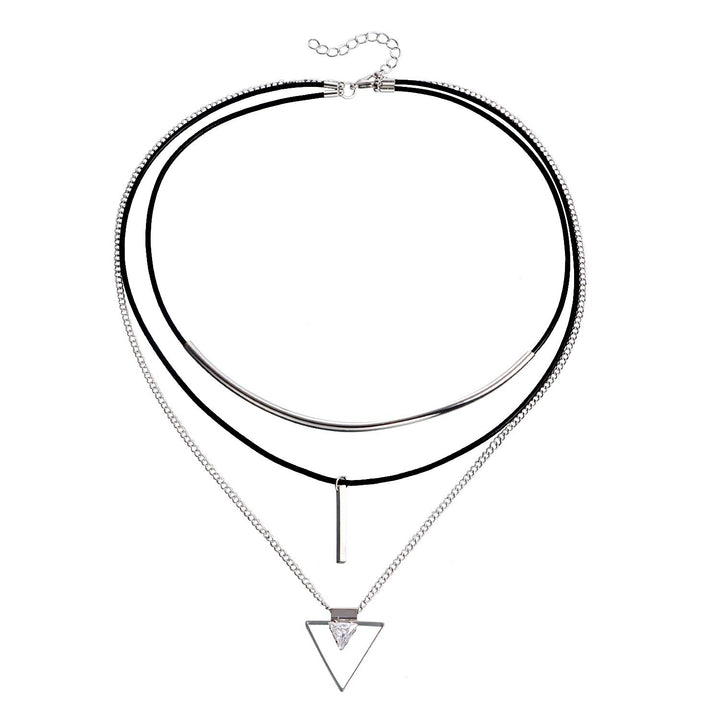 European And American Twin Multi-layer Cowhide String Geometric Triangle Zircon Pendant Necklace