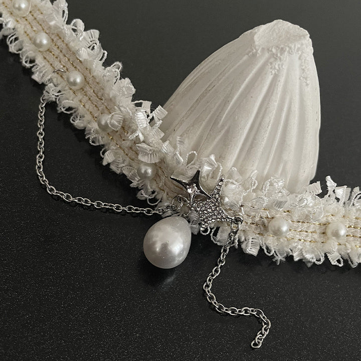 Collar de borla perla asterismo de encaje blanco