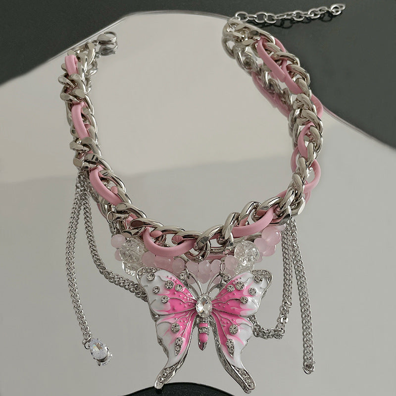 Europäische und amerikanische übertriebene heftige Industrie rosa Schmetterling gewebte Halskette