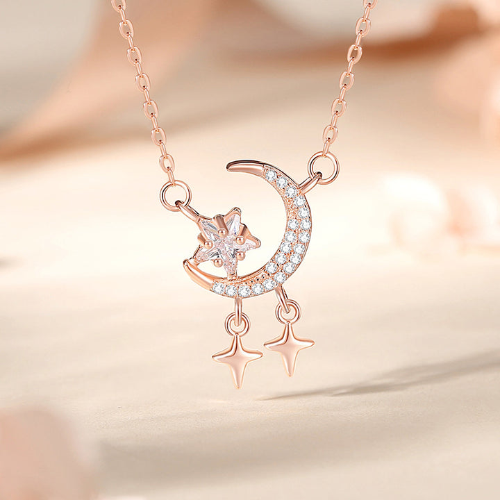 Colar feminino estrela lua zircão prata esterlina s925 prata