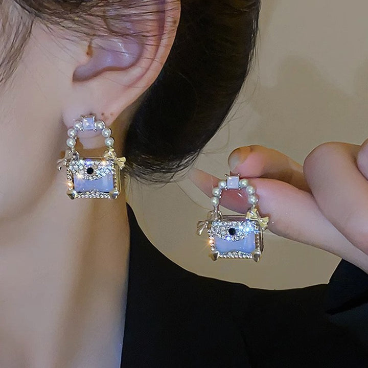 Full Diamond Jelly Color Square Crystal Bow Silver Stud Earrings