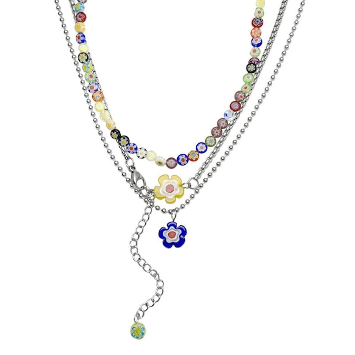 Three-piece Glass Flower Twin Titanium Steel Necklace
