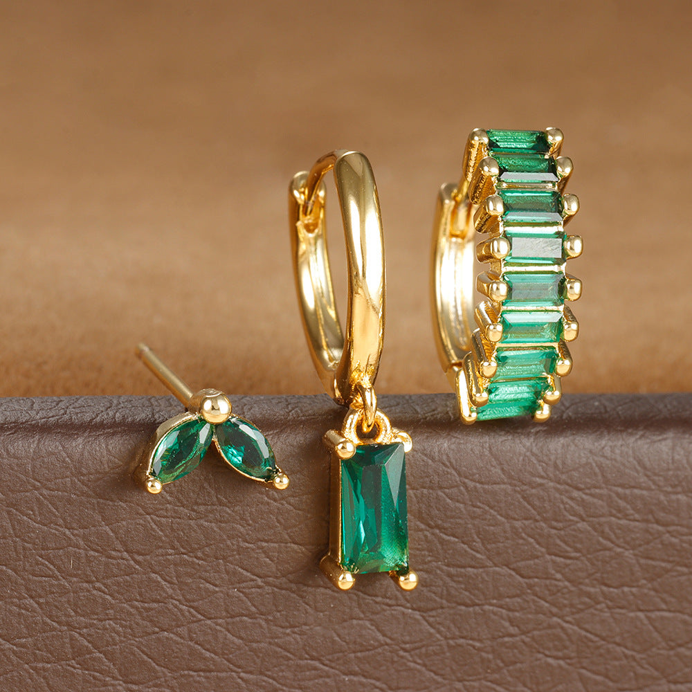 Rectangular Zircon Earrings Micro-inlaid Green Geometry