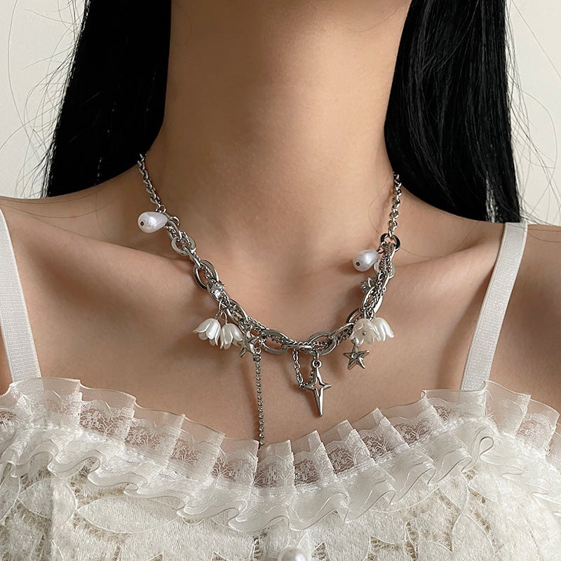 White Flower Stitching Pearl Tassel Necklace