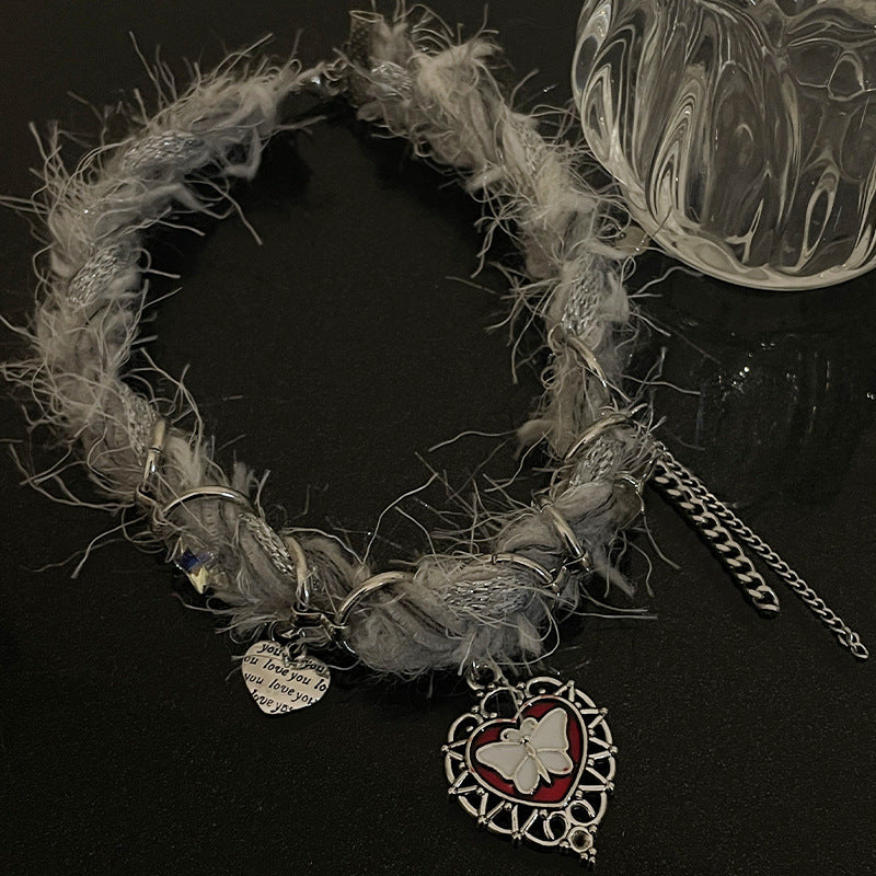 Heart Butterfly Tassel Plush Choker Necklace