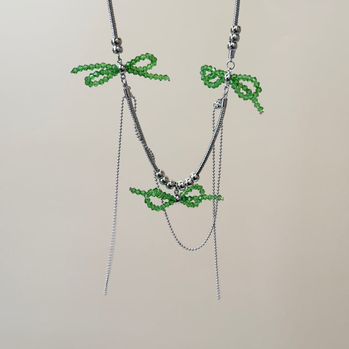 Green Colored Glaze Bow Titanium Steel Necklace Multi-layer Tassel