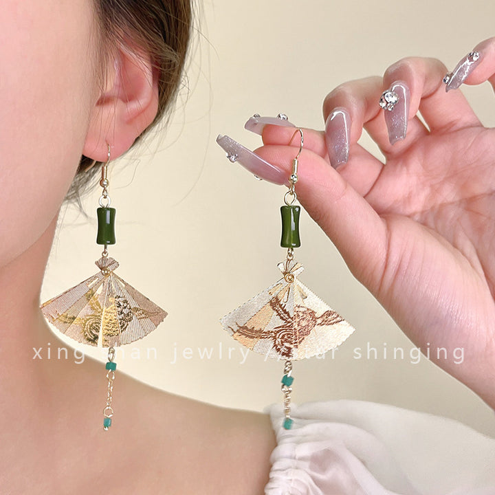 Silver Needle Bamboo Fan-shaped Tassel Earrings Retro Fashion