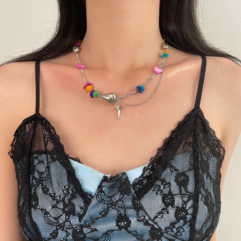Colorful Gravel Butterfly Stitching Cross Necklace