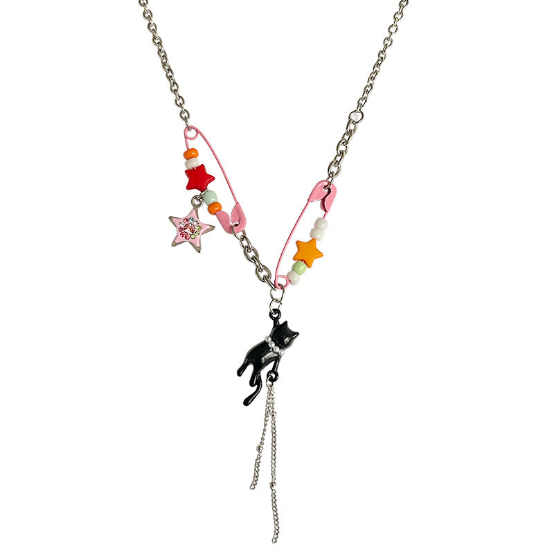Color Pin Stitching Stars Kitten Necklace Dopamine