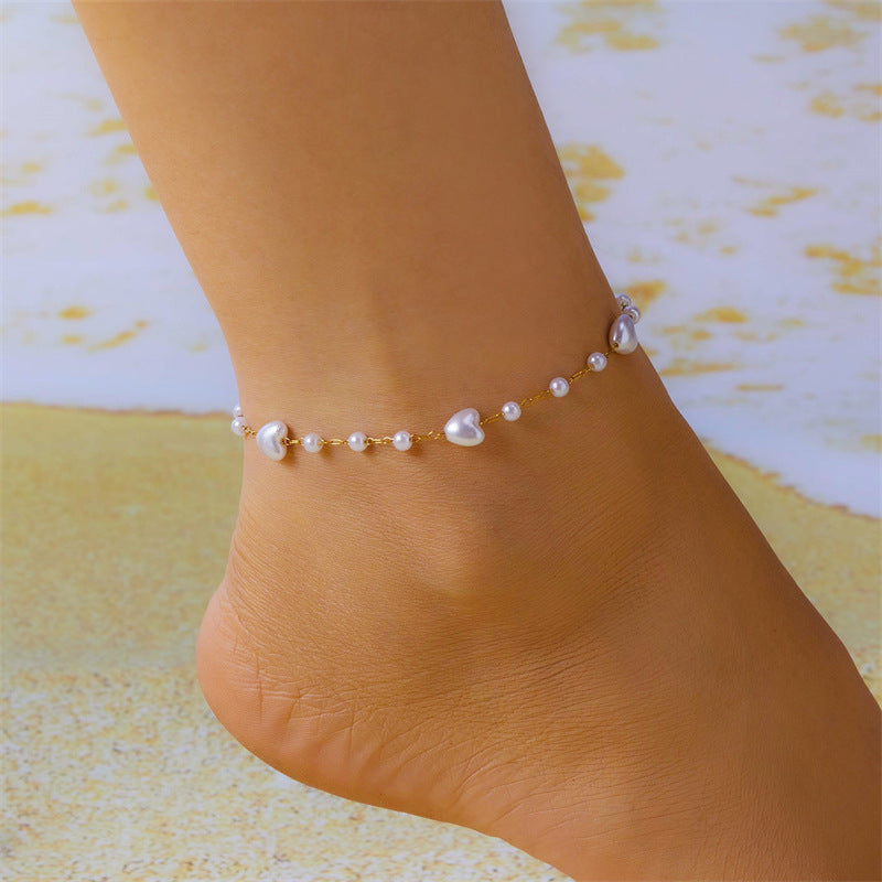 Liebe Herz Nachahmung Perlenarmband Fußkettchenanzug Frauen