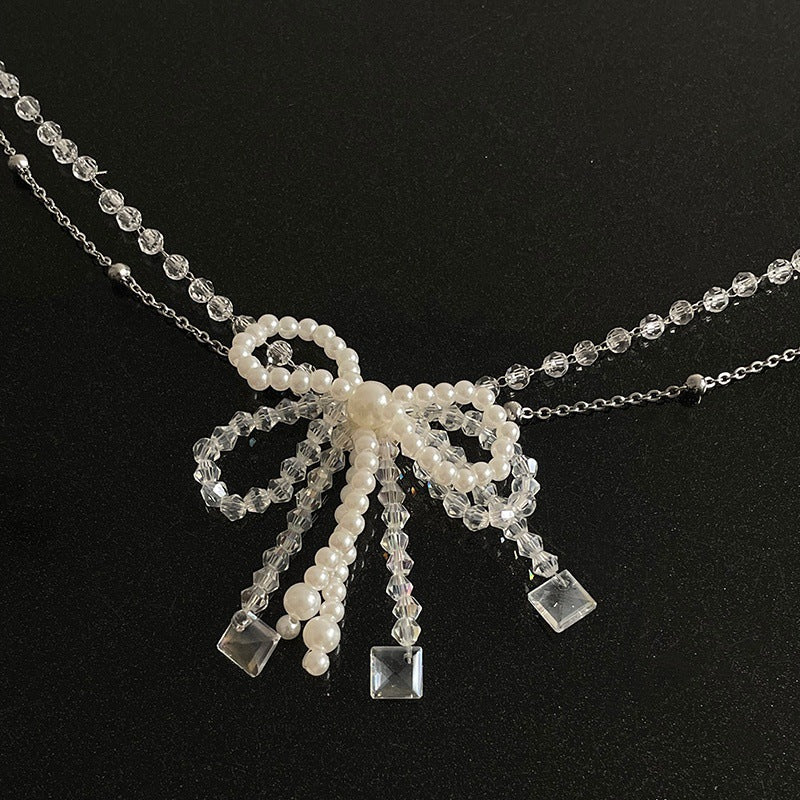 Crystal String Beads Bow Pearl Necklace