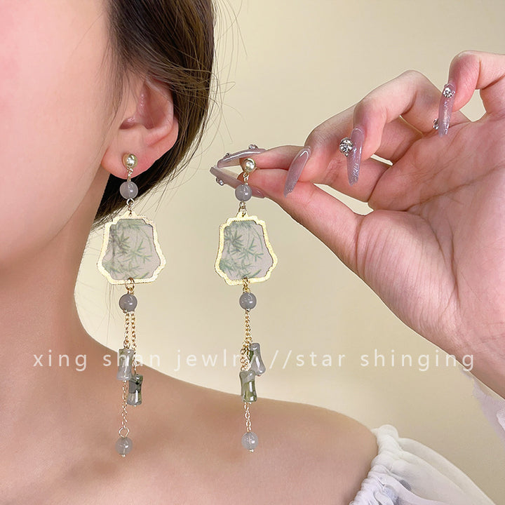 Silver Needle Bamboo Fan-shaped Tassel Earrings Retro Fashion