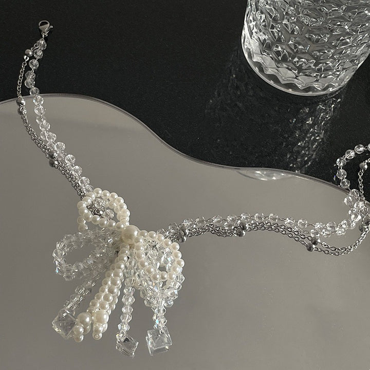 Crystal String Beads Bow Pearl Necklace