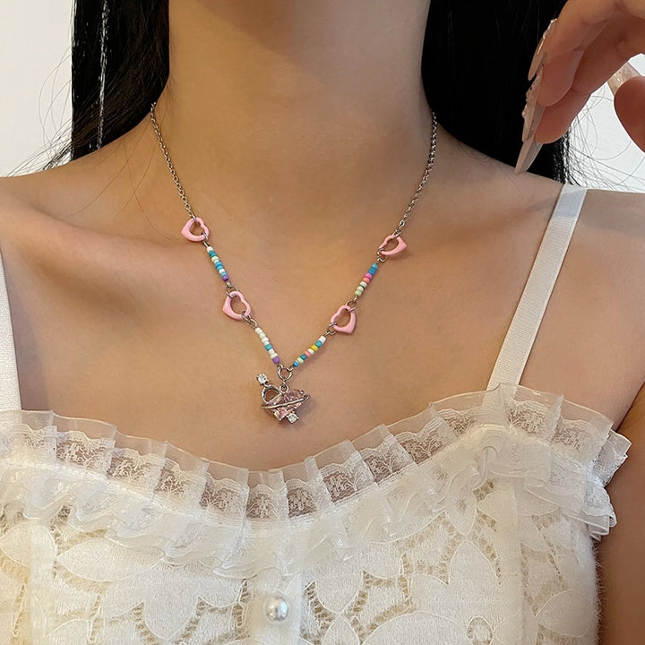 Colorful Beaded Stitching Heart Necklace