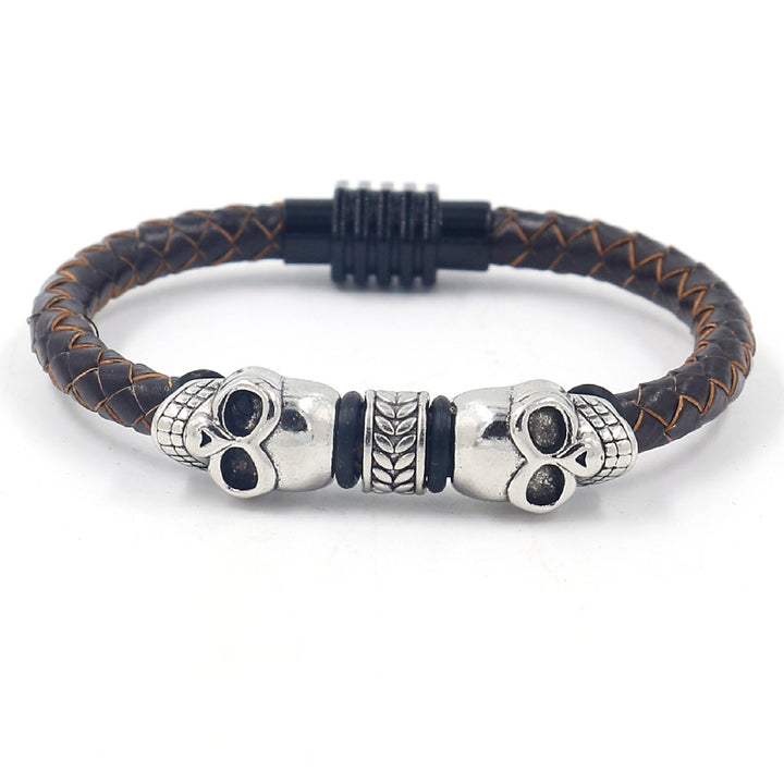 Men's Vintage Alloy Skull Woven Leather String Bracelet